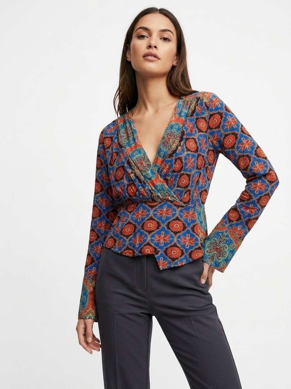 Free People Falling For You Peplum Top Faux Wrap Medallion Floral Blue Red XS
